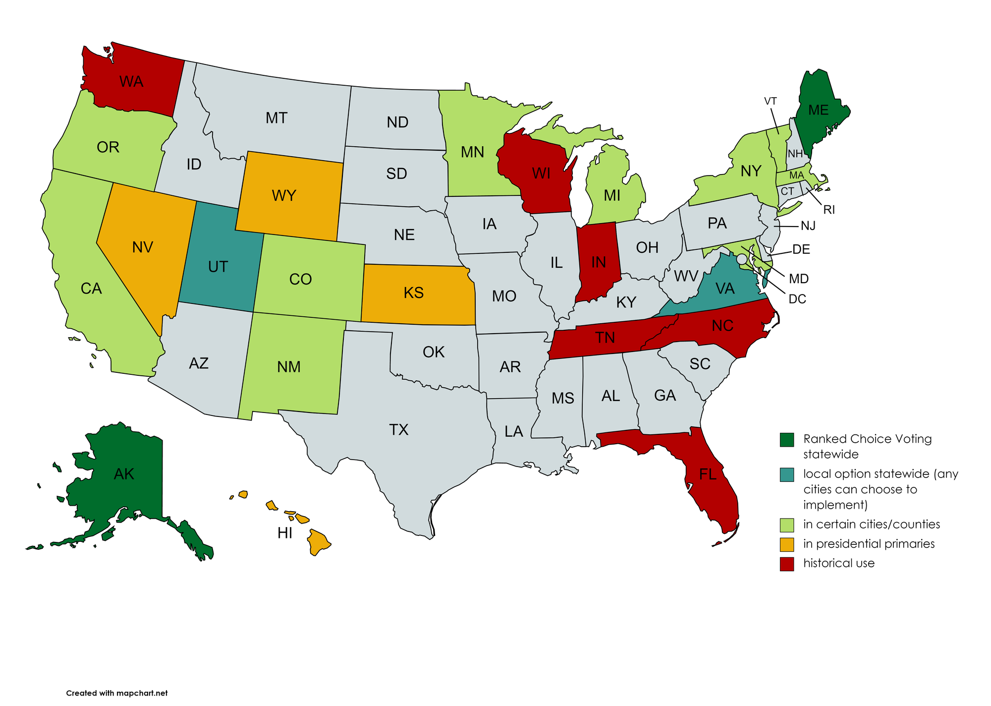 Map of where ranked choice voting is used in the U.S.