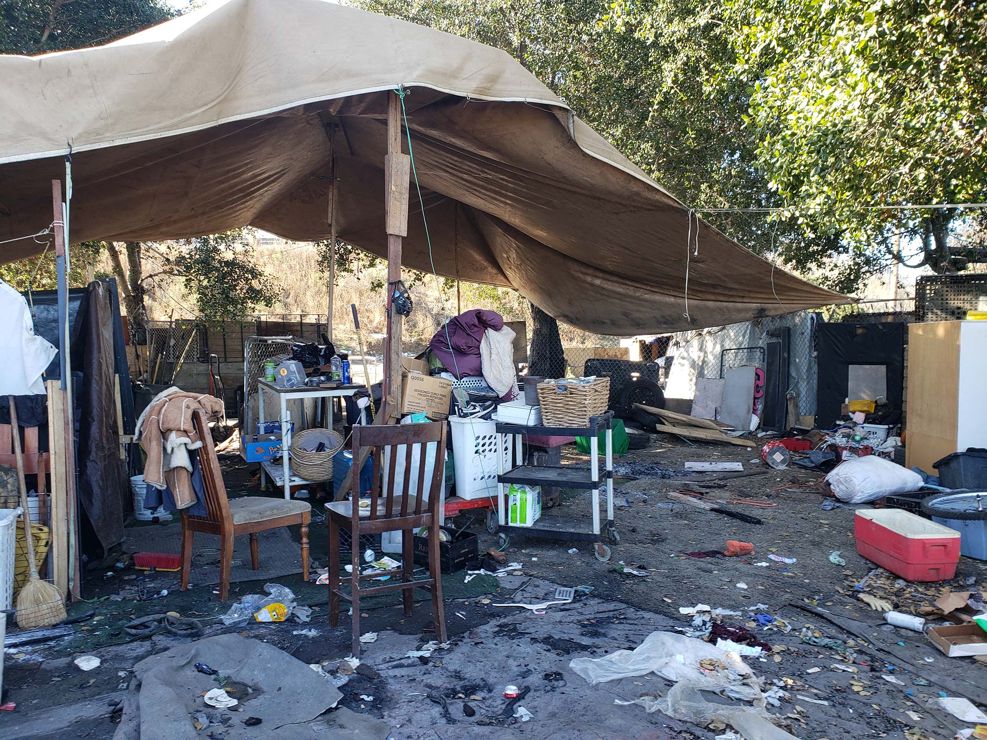 A rain shelter at a homeless camp in the White Slough area that state and local officials are removing this week. 