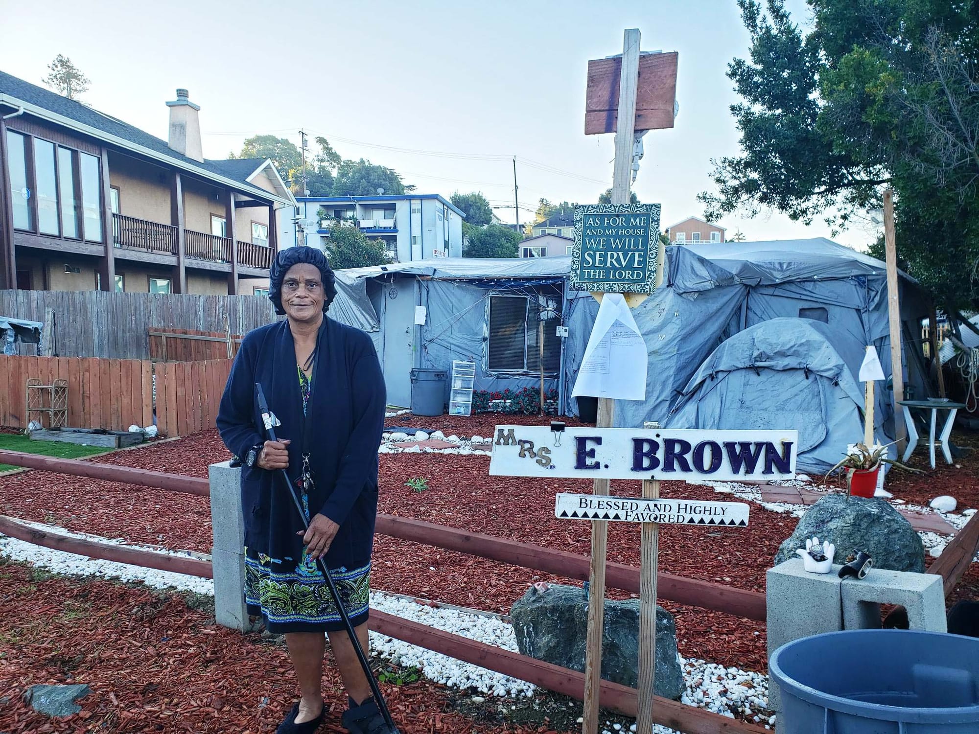 Evelyn Davis Alfred stands outside her campsite on Mare Island Way.