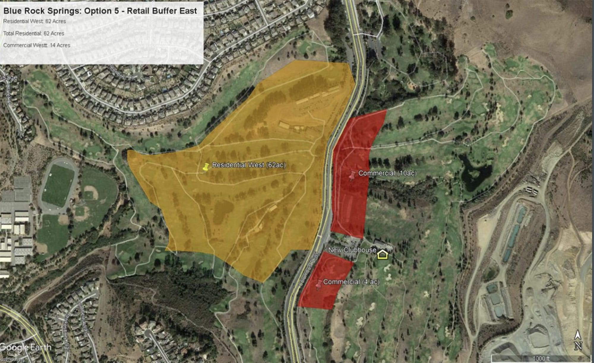 A map showing where residential development and commercial development is planned in the Blue Rock Springs redevelopment project.