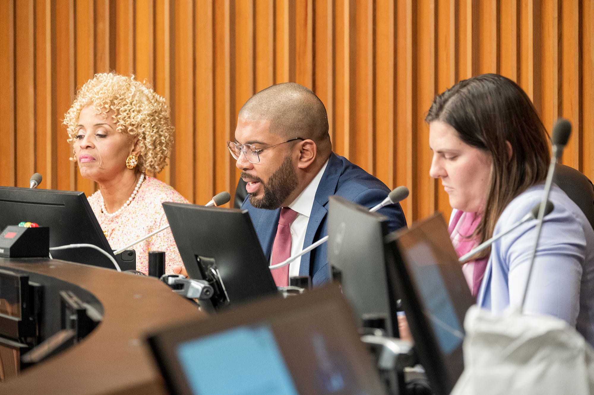 Newly elected Councilmembers Tonia Lediju, Alex Matias and Mayor Andrea Sorce get to business after they were sworn in Tuesday.